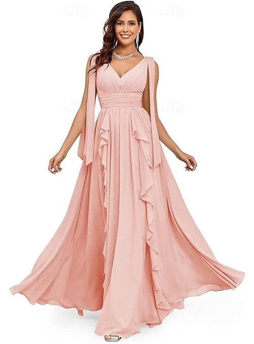 A-Line Quinceanera Dresses Elegant Dress Performance Christmas Floor Length  Sleeveless V Neck Chiffon Backless with Pleats 2026 - 104.99
