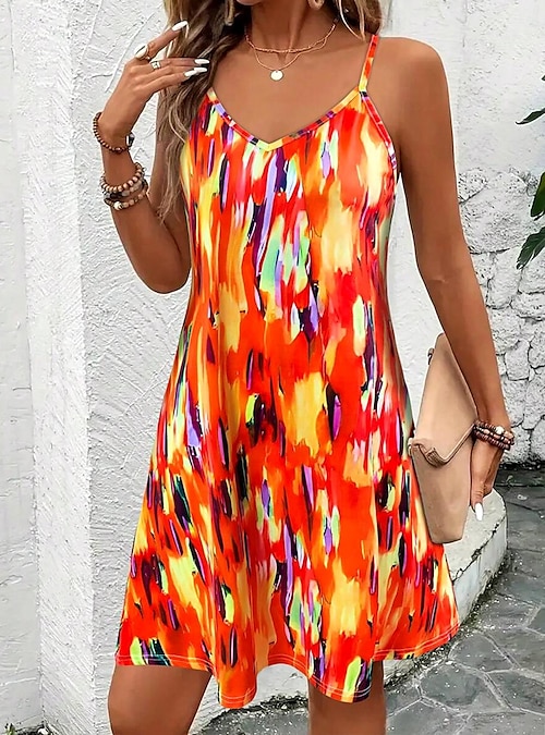 Women's Mini Dress A Line Dress Summer Dress Slip Dress Vacation Casual  Regular Fit Graphic Color Block Abstract Sleeveless V Neck Blue Orange  Summer Spring 2026 - $24.99