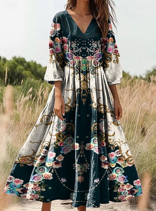 Women's Maxi Dress Boho Sundress A Line Dress Pleated Dress Vacation Casual Going out Loose Fit Floral Graphic 3/4 Length Sleeve V Neck Black Yellow Blue Green Summer Spring 2026