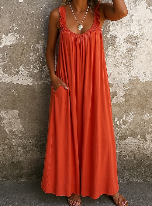 Women's Maxi Dress Faux Cotton Linen Shift Dress Sundress Summer Dress  Casual Daily Slim Solid Color Sleeveless Strap Blue Black Yellow Red Summer  2026 - $21.99