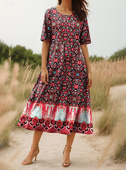 chinese dress ladies Summer Social Stain Pleated Cutout Waist Loose Midi Dress – roschic