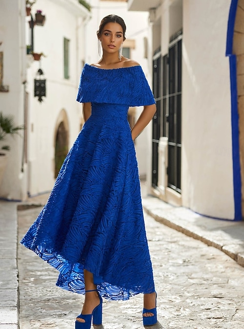 A-Line Cocktail Dresses Elegant Wedding Guest Dress Formal Wedding Ankle  Length Short Sleeve Off Shoulder Lace with Pleats 2026 - $169.99
