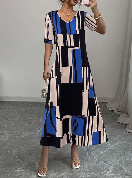 Women's Midi Dress Faux Cotton Linen Shift Dress Print Dress Fashion Modern  Outdoor Vacation Holiday Regular Fit Geometric Short Sleeve V Neck Blue Red  Green Summer 2026 - AU $32.79