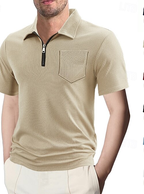 Men's Zip Polo Waffle Knit Polo Shirt Outdoor Casual Lapel Quarter