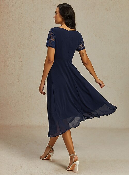 Women's Wedding Guest Cocktail Dress Chiffon Contrast Lace Ruffle Hem  Elegant Formal Midi A Line Dress Crew Neck Short Sleeve Dark Blue Color  2026 - $62.99