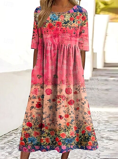 Women's Midi Dress Summer Dress Pleated Dress Vacation Casual Holiday Loose  Fit Floral Graphic Short Sleeve Crew Neck Red Green Summer 2026 - $31.99