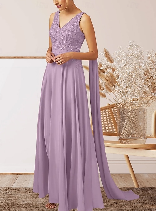 A-Line Wedding Guest Dresses Elegant Dress Wedding Guest Engagement Floor  Length Sleeveless V Neck Fall Wedding Guest Chiffon with Appliques 2026