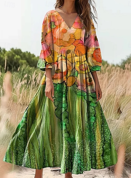 Women's Cotton Linen Maxi Dress Sundress Pleated Dress Vacation Casual Boho Going  out Beach Loose Fit 3/4 Length Sleeve V Neck Pink Blue Orange 2026 - AU  $63.49