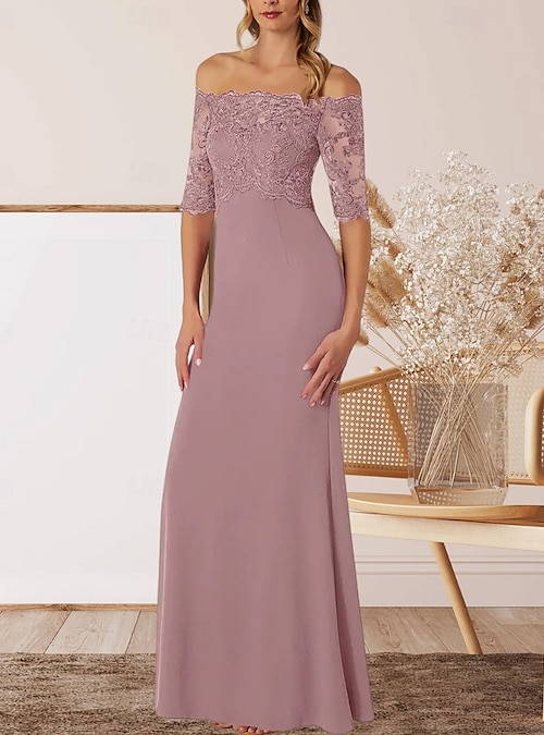 Sheath Column Floor Length Wedding Guest Dress Formal Dresses Evening Gown  Mother of the Bride Dress Half Sleeve Off Shoulder Elegant Wedding Guest Engagement  Party Chiffon with Lace 2026