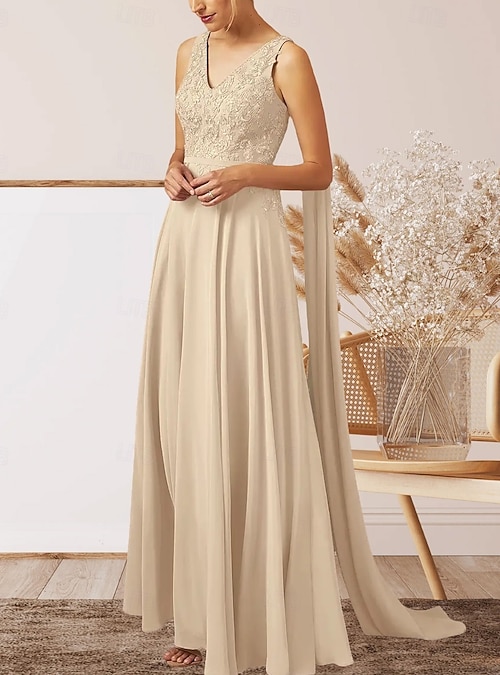 beige wedding dress guest A-Line Dresses Elegant Wedding Guest Engagement Floor Length Sleeveless V Neck Fall Wedding Guest Chiffon with Appliques 2026 this dress ensures a luxurious feel and a flattering fit wedding guest dress | eBay