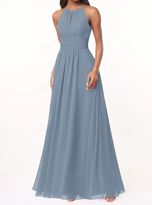 A-Line Bridesmaid Dress Halter Neck Sleeveless Elegant Floor Length Chiffon  with Pleats / Ruching 2026 - $161.99