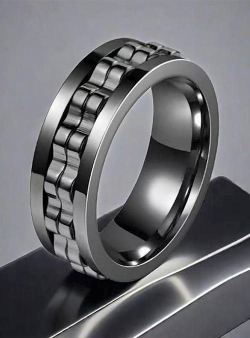 Anello Uomo Nero/Oro/Argento Fascia Acciaio Inox Catena Girevole Gioielli 67UK - Foto 5