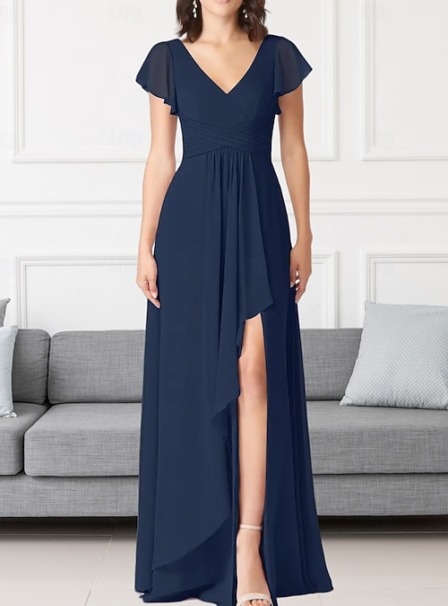 A-Line Bridesmaid Dress V Neck Short Sleeve Elegant Floor Length Chiffon with Pleats Ruffles Ruching