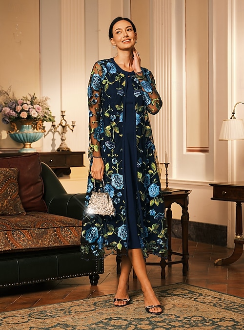 formal sheath dress with jacket Women's Midi Dress Sheath Dress Dress With Jacket Elegant Cocktail Semi Formal  Formal Party Wedding Guest Regular Fit Floral Long Sleeve Crew Neck Navy  Blue Spring Fall Winter 2026