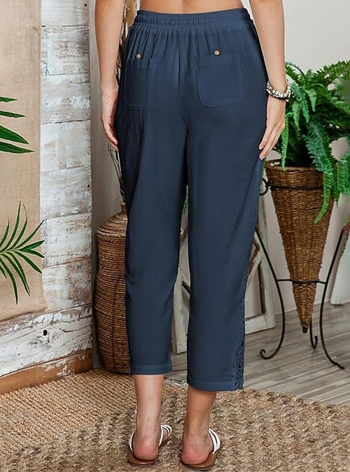 Mujer Pantalones de lino y polialgodón con textura Pantalones