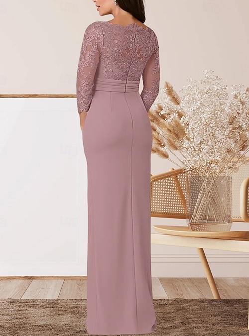 Sheath / Column Mother of the Bride Dress Wedding Guest Elegant Square Neck  Floor Length Chiffon Lace 3/4 Length Sleeve with Lace Sash / Ribbon Pleats  2026 - $173.99