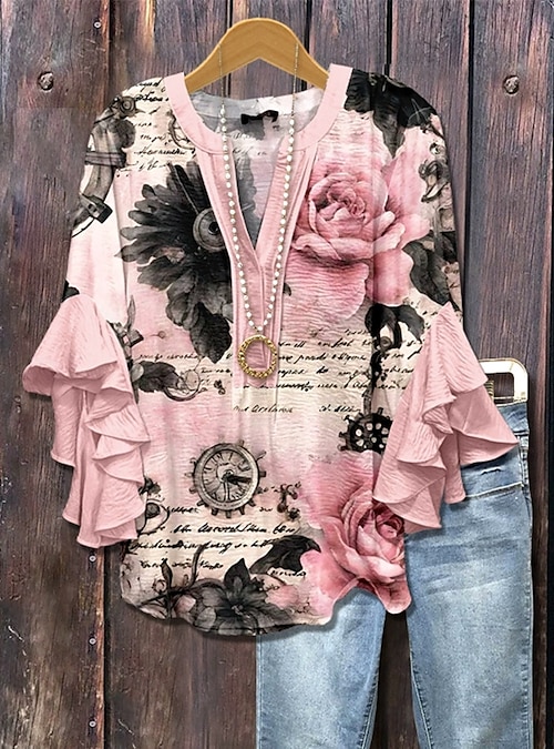 Blusa Feminina Decote em V Floral Gráfico Listrado Elegante Boho