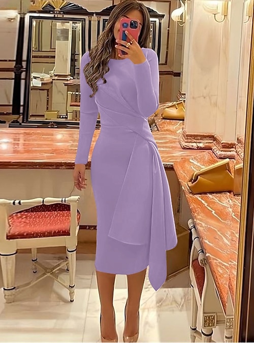Beach Wedding Sheath Cocktail Dresses Elegant Dress Formal Fall Knee Length  Long Sleeve Jewel Neck Stretch Fabric with Pleats Ruched Dresses 2026 - SGD  S$207.89