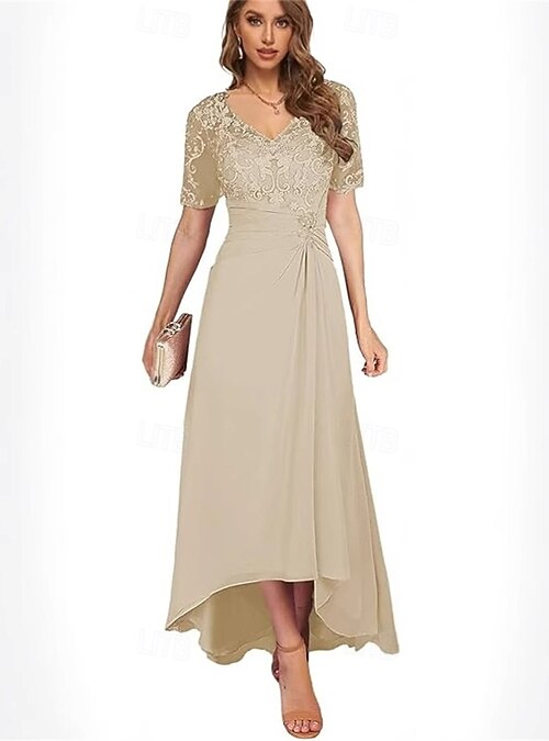 a-line v-neck asymmetrical chiffon mother of the bride dress A-Line Mother of the Bride Dress Formal Wedding Guest Elegant High Low –  JiMiss Dresses main image 0