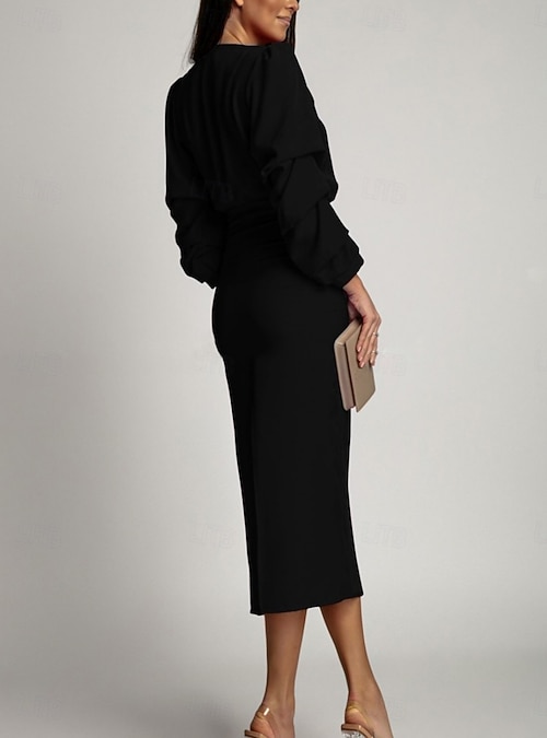 black midi dress semi formal Women's Ruffle Short Sleeve A-Line Midi Dress