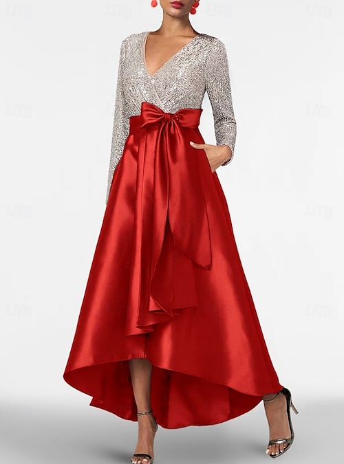A-Line Asymmetrical Cocktail Dresses Evening Gown Ball Gown Formal Dress  Elegant Silky Long Sleeve V Neck Wedding Formal Pocket Satin Sequined with  Bow(s) 2026