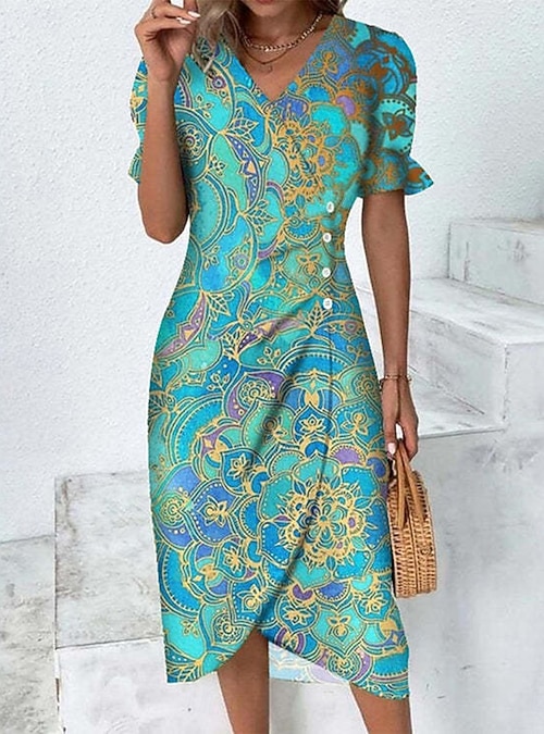Women's Midi Dress Wrap Dress Elegant Lightweight Puff Sleeve Short Sleeve  V Neck Sheath Dress Loose Fit Graphic Geometric Blue Fuchsia Orange Dark  Blue 2026 - kr.459