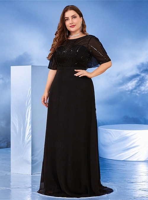 A-Line Plus Size Dresses Elegant Curve Dress Formal Wedding Floor Length  Half Sleeve Crew Neck Chiffon with Beading 2026 - NZ $211.89
