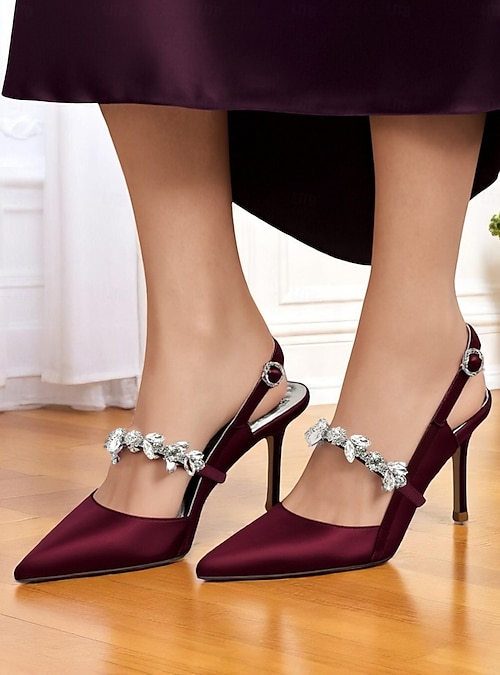 Women's Burgundy Satin Slingback Heels - Pointed Toe Dress Shoes with Crystal Strap for Cocktail Parties and Elegant Evening Events 2026 - $79.99 Women's Burgundy Satin Slingback Heels - Pointed Toe Dress Shoes with Crystal Strap for Cocktail Parties and Elegant Evening Events 2026 - $79.99
