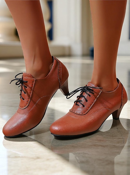Women's 1930s Vintage Oxford Heels  Brown Lace-Up Low Heel Faux Leather Shoes for Retro-Inspired Daily, Office, and Swing Dance Outfits
