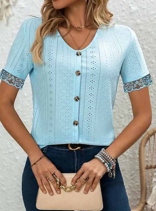 Camicia Donna In Pizzo Maniche Corte – Top Boho Estivo Con Scollo A V - 2