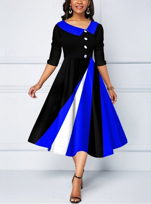 Women's Midi Dress A Line Dress Work Dresses Semi Formal Office Regular Fit  Geometric 3/4 Length Sleeve V Neck Yellow Wine Blue Purple Summer Fall 2026  - $32.99