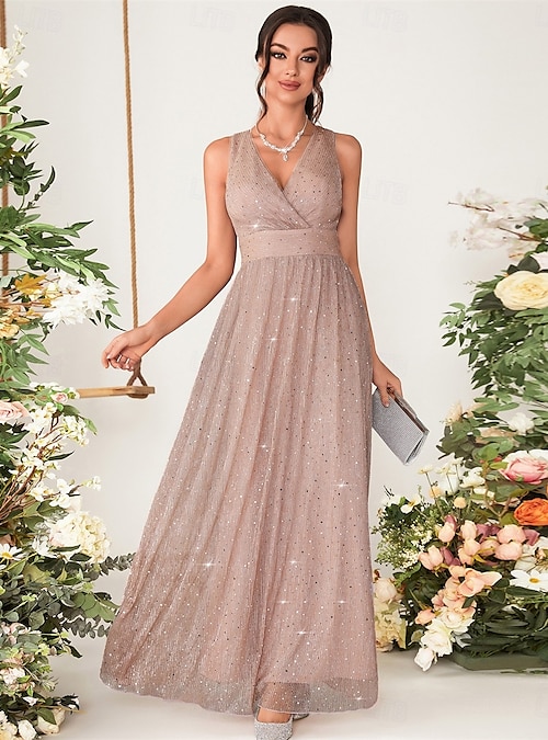 A-Line Bridesmaid Dress V Neck Sleeveless Elegant Floor Length Chiffon with  Sequin 2026 - AU $142.99