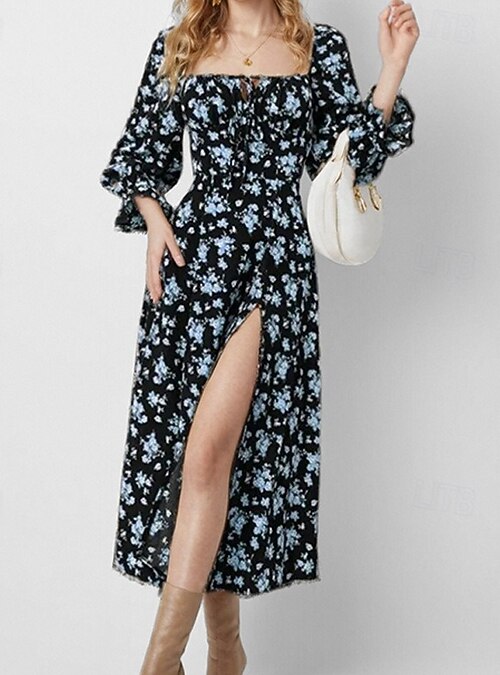 Women's Maxi Dress Milkmaid Dress Vacation Party Birthday Lantern Sleeve  Outdoor Vacation Daily Standard Fit Floral Long Sleeve Square Neck White  Blue Purple Gold Summer Spring Fall 2026 - AU $41.89