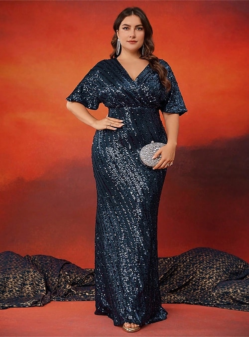 formal dresses nz plus size Plus Size Navy Blue Formal Gown: Metallic V-neck Long Sleeve Polyester Dress