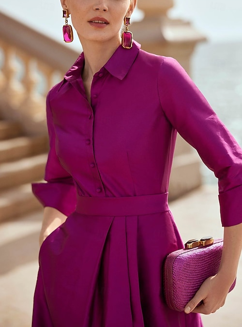 A-Line Floor Length Shirt Dress Wedding Guest Dress Formal Dresses Mother  of the Bride Dress Long Sleeve Shirt Collar Elegant Wedding Formal Satin  with Slit 2026 - $173.99