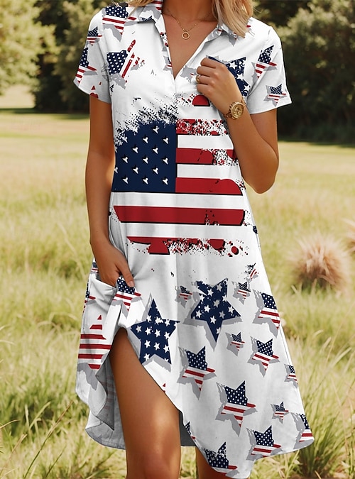 Women's Patriotic Midi Dress A Line Dress Vacation Casual Beach Daily Beach  Regular Fit Graphic Stars and Stripes Short Sleeve V Neck Red Blue Purple  Green Summer 2026 - 34.99