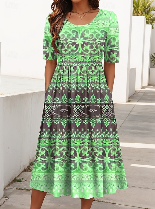 Women's Midi Dress Summer Dress Pleated Dress Vacation Casual Holiday  Regular Fit Graphic Geometric Half Sleeve Crew Neck Blue Pink Purple Green  Summer Spring Fall 2026 - $31.99