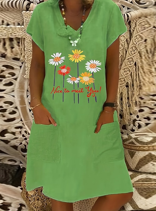 Women's Midi Dress Linen Dress Casual Dress Boho Dress Print Dress Elegant  Fashion Classic Puff Sleeve Vacation Holiday Fall Dress Regular Fit Floral  Daisy Short Sleeve V Neck Yellow Light Green 2026 -