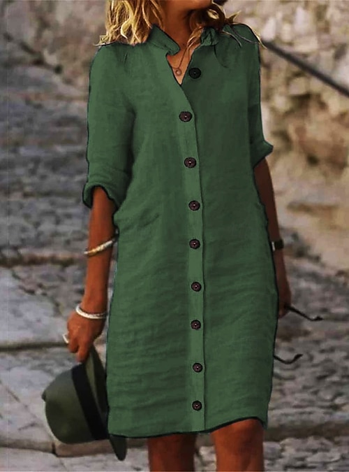Women's Midi Dress Faux Cotton Linen Shift Dress Shirt Dress Casual Dress  Fashion Basic Casual Daily Outdoor Regular Fit Plain Half Sleeve Shirt  Collar Black White Green Summer Spring Fall Autumn 2026 -
