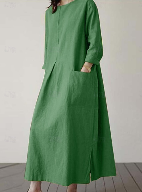 Women's Maxi Dress Cotton Blend Kaftan Dress Hawaiian Regular Fit Solid  Color Long Sleeve Crew Neck Army Green Apricot Summer Spring 2026 - CAD  $41.99