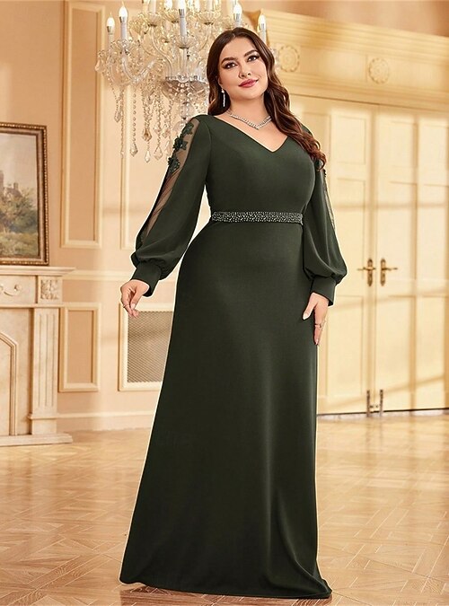 A-Line Plus Size Dresses Elegant Curve Dress Formal Wedding Floor Length Long Sleeve V Neck Chiffon with Beading 2026 - CAD $177.99 A-Line Plus Size Dresses Elegant Curve Dress Formal Wedding Floor Length Long Sleeve V Neck Chiffon with Beading 2026 - CAD $177.99
