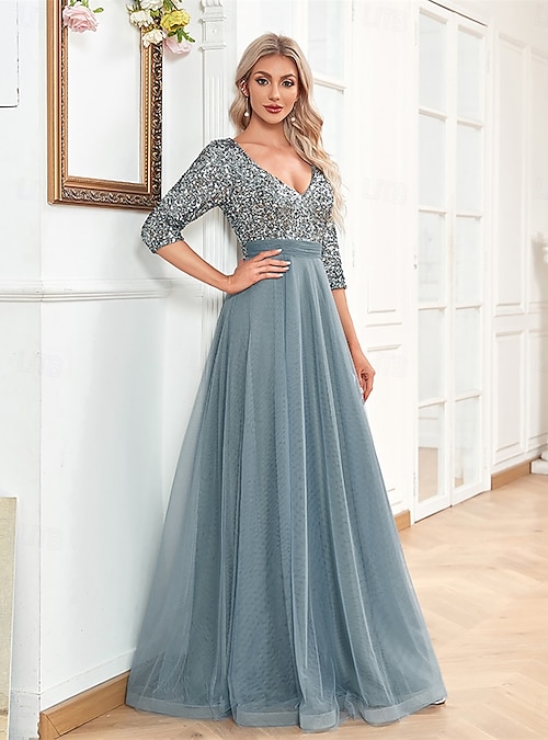 A-Line Quinceanera Dresses Elegant Dress Formal Wedding Floor Length Half Sleeve V Neck Tulle with Sequin