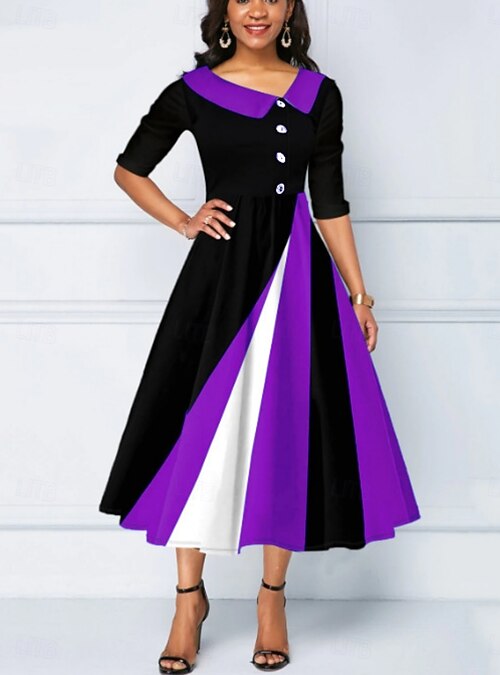 Women's Midi Dress A Line Dress Work Dresses Semi Formal Office Regular Fit  Geometric 3/4 Length Sleeve V Neck Yellow Wine Blue Purple Summer Fall 2025  - AU $52.99
