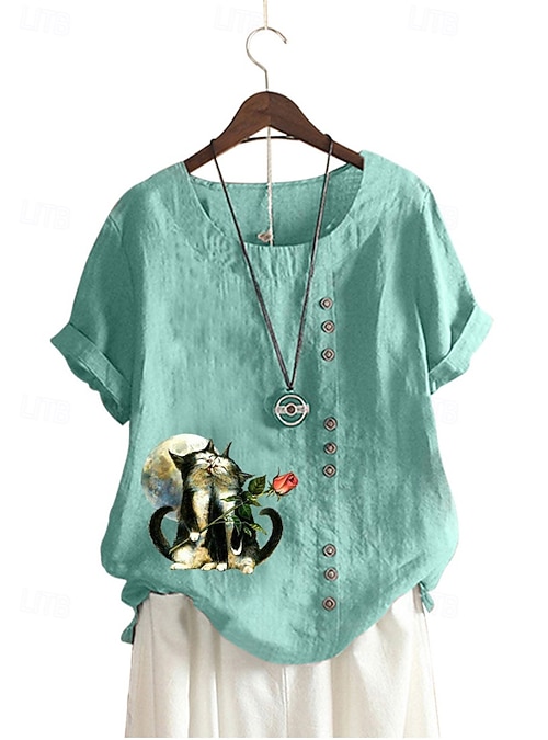 Women's Cotton Linen Shirts Animal Cat Elegant Vintage Tropical