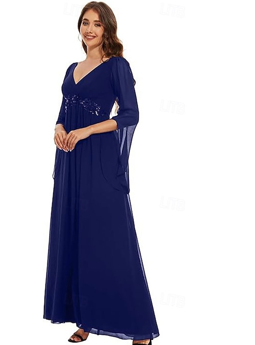 A-Line Mother of the Bride Dress Elegant Simple V Neck Floor Length Chiffon Long Sleeve with Pleats Solid Color 2026 - $150.99 A-Line Mother of the Bride Dress Elegant Simple V Neck Floor Length Chiffon Long Sleeve with Pleats Solid Color 2026 - $150.99