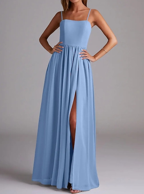 A-Line Bridesmaid Dress Spaghetti Strap Sleeveless Elegant Floor Length  Chiffon with Pleats / Split Front 2026 - $146.99