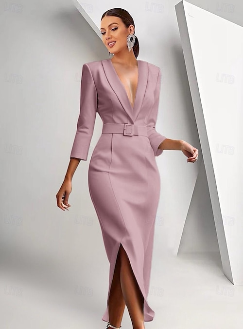 Women's Tuxedo Dress Mermaid Trumpet Mermaid Wedding Guest Stretch Crepe Elegant 3 4 Sleeve Pleated Ankle Length Shawl Lapel