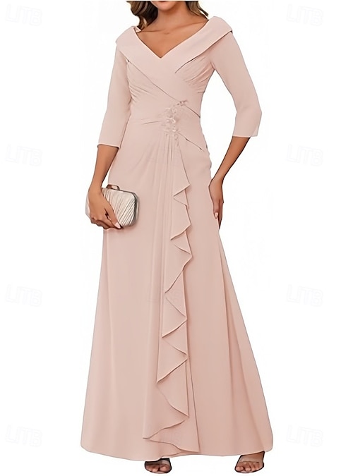 A-Line Wedding Guest Dresses Elegant Dress Wedding Guest Engagement Floor Length 3 4 Length Sleeve V Neck Chiffon with Pleats Ruched Beading A-Line Wedding Guest Dresses Elegant Dress Wedding Guest Engagement Floor Length 3 4 Length Sleeve V Neck Chiffon with Pleats Ruched Beading