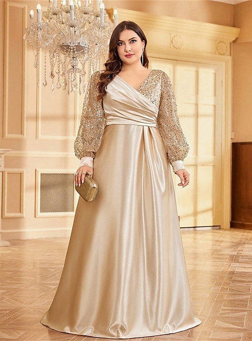 A-Line Plus Size Dresses Elegant Curve Dress Formal Wedding Floor Length  Long Sleeve V Neck with Pleats 2026 - CAD $192.99