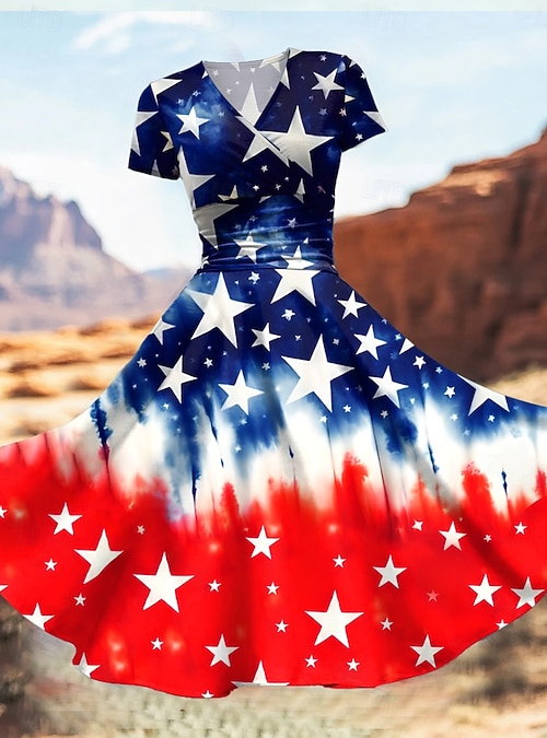 Independence Day Patriotic Women's Midi Dress Dress Fit And Flare Dress  Party Casual Daily Holiday Graphic Flag Stars and Stripes Short Sleeve V  Neck Royal Blue Blue Dark Blue 2026 - 28.99